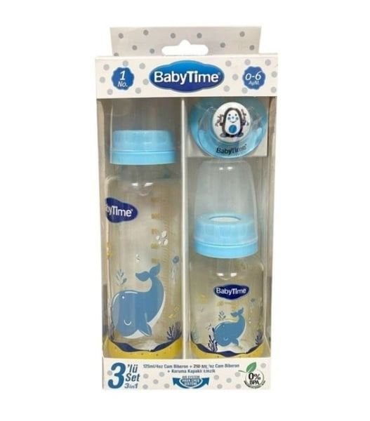 BabyTime 3'lü Cam Biberon ve Emzik Seti - Mavi