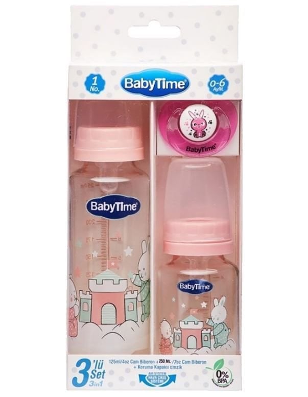 BabyTime 3'lü Cam Biberon ve Emzik Seti - Pembe