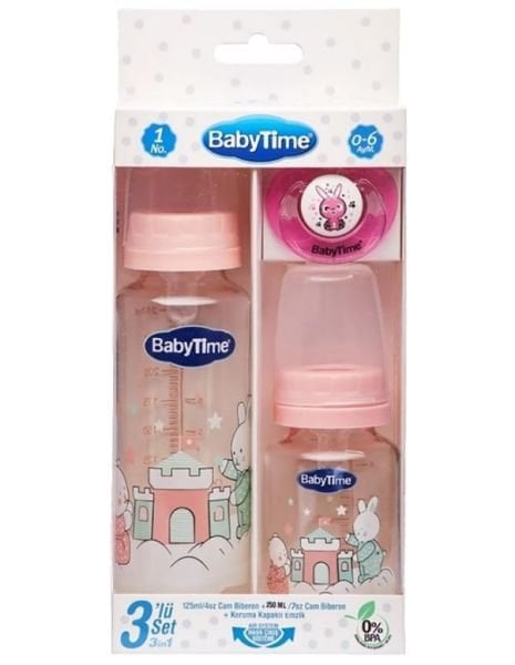 BabyTime 3'lü Cam Biberon ve Emzik Seti - Pembe