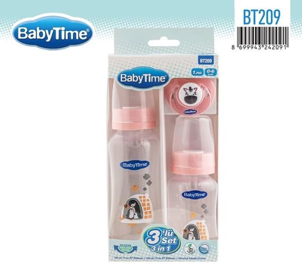 BabyTime 3'lü PP Biberon ve Emzik Seti - Pembe