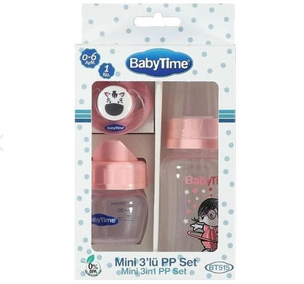 BabyTime 3'lü PP Biberon ve Emzik Seti - Pembe