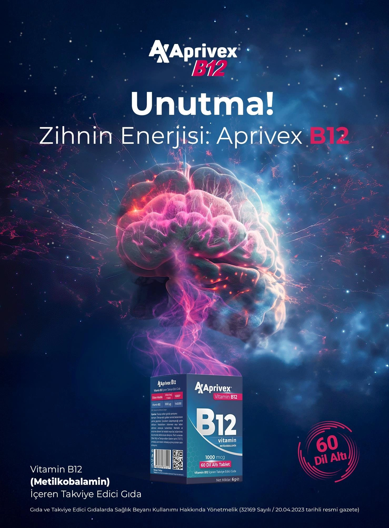 Aprivex Vitamin B12 1000 mcg 60 Dilaltı Tablet