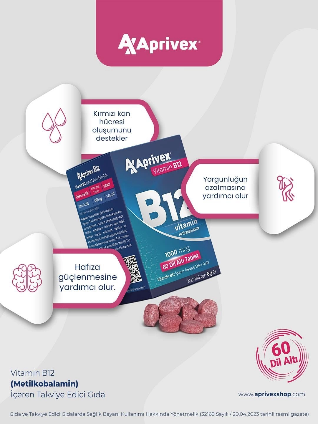 Aprivex Vitamin B12 1000 mcg 60 Dilaltı Tablet
