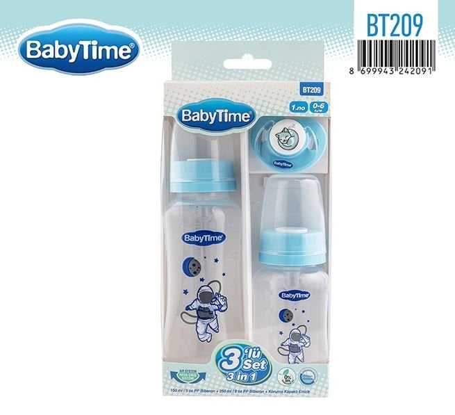 BabyTime 3’lü PP Biberon ve Emzik Seti - Mavi