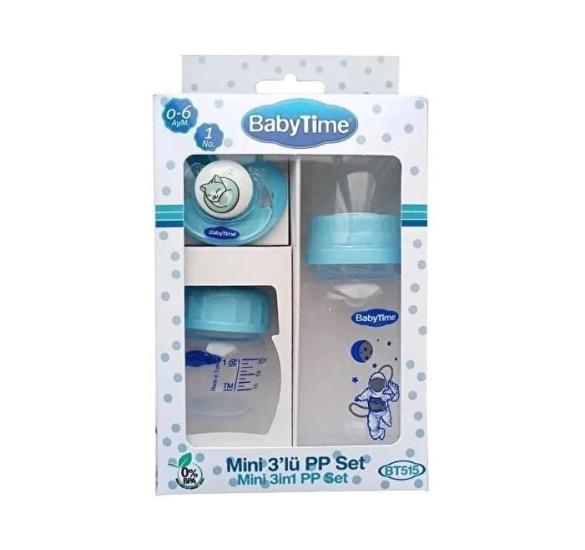 BabyTime 3’lü PP Biberon ve Emzik Seti - Mavi